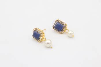 Blue Stone Pendant Pearl Choker Earrings Set 4