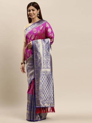 VASTRANAND Purple & Navy Blue Woven Design Banarasi Saree 1