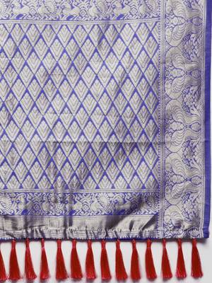 VASTRANAND Purple & Navy Blue Woven Design Banarasi Saree 4