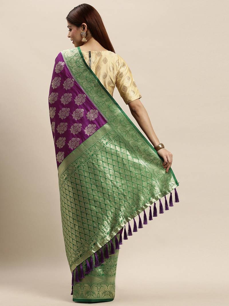 VASTRANAND Purple & Green Woven Design Banarasi Saree
