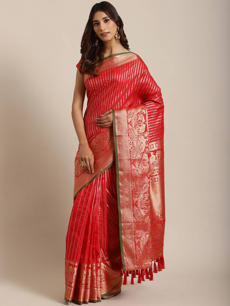 VASTRANAND Red & Golden Striped Zari Celebrity Banarasi Saree