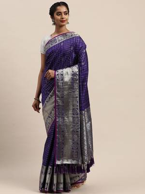 VASTRANAND Navy Blue & Silver-Toned Checked Banarasi Saree 1