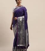 VASTRANAND Navy Blue & Silver-Toned Checked Banarasi Saree