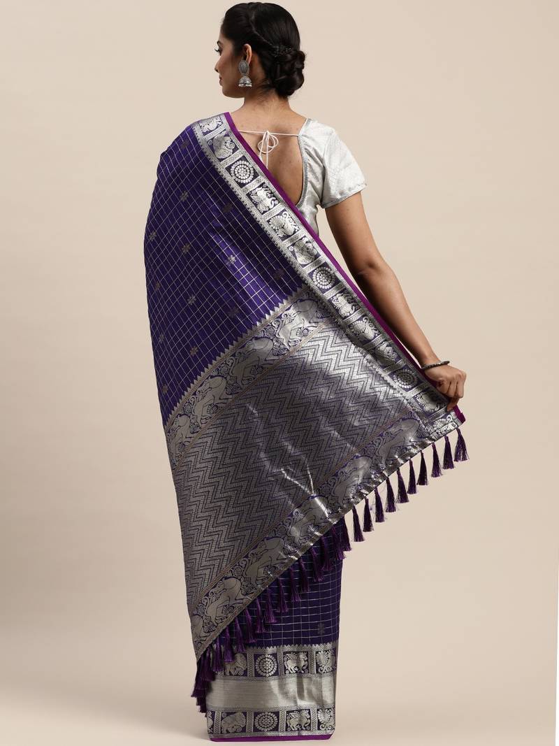 VASTRANAND Navy Blue & Silver-Toned Checked Banarasi Saree