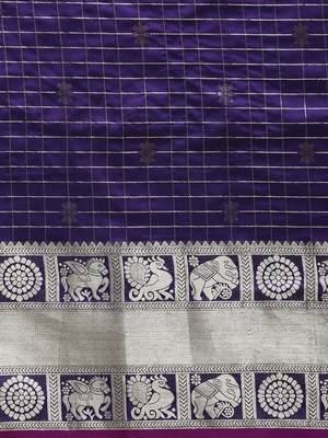 VASTRANAND Navy Blue & Silver-Toned Checked Banarasi Saree 3