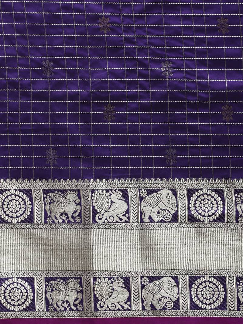 VASTRANAND Navy Blue & Silver-Toned Checked Banarasi Saree