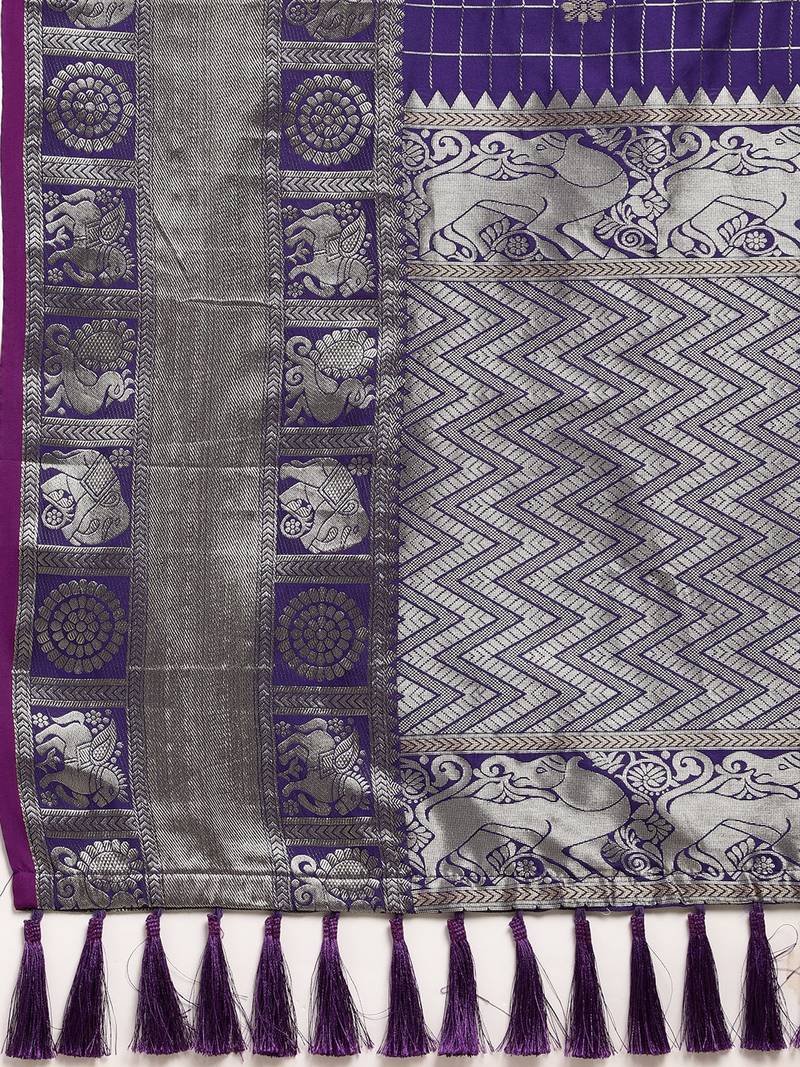 VASTRANAND Navy Blue & Silver-Toned Checked Banarasi Saree