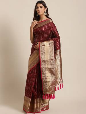 VASTRANAND Maroon & Golden Woven Design Zari Celebrity Banarasi Saree 1