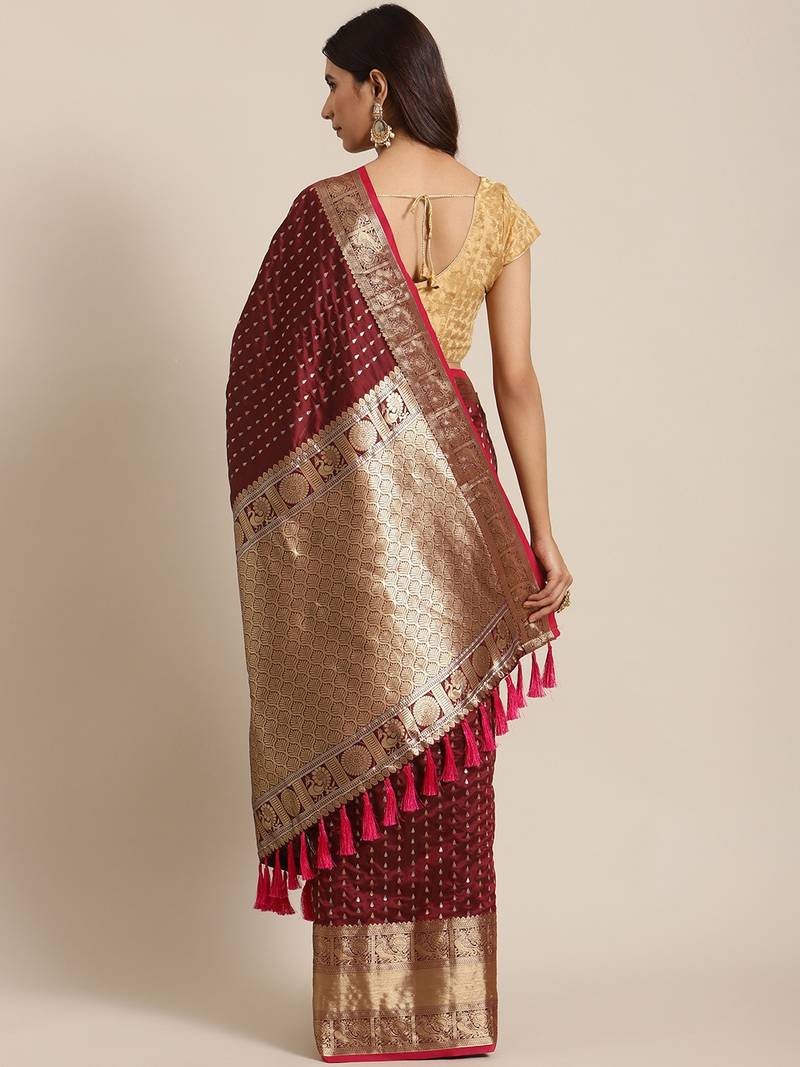 VASTRANAND Maroon & Golden Woven Design Zari Celebrity Banarasi Saree