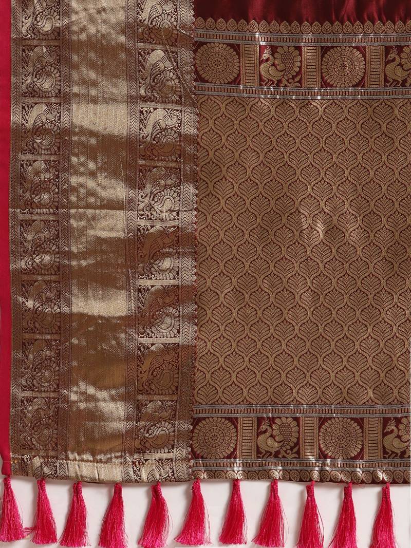VASTRANAND Maroon & Golden Woven Design Zari Celebrity Banarasi Saree
