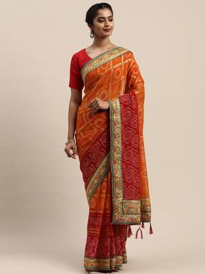 VASTRANAND Red & Orange Poly Georgette Checked Bandhani Celebrity Saree 1