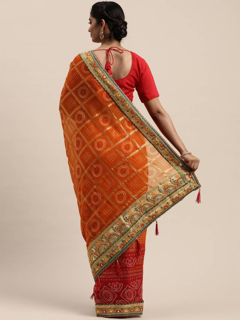 VASTRANAND Red & Orange Poly Georgette Checked Bandhani Celebrity Saree