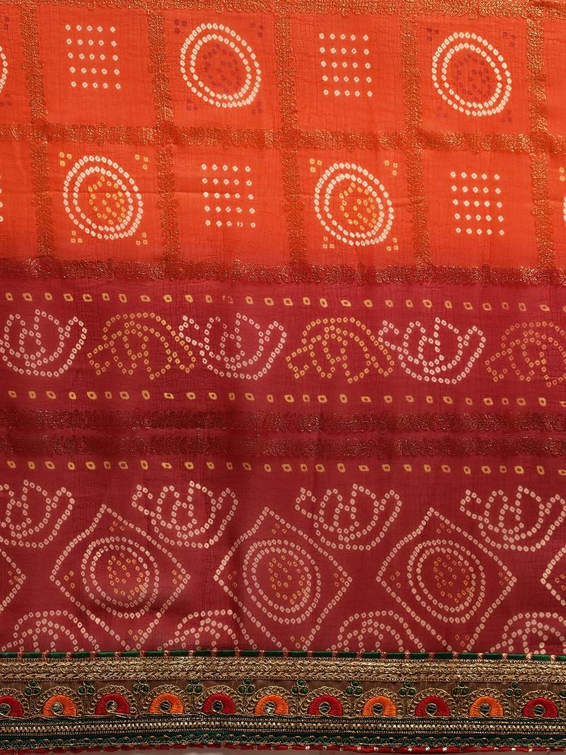 VASTRANAND Red & Orange Poly Georgette Checked Bandhani Celebrity Saree