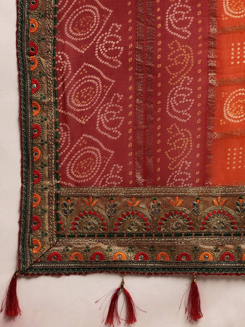 VASTRANAND Red & Orange Poly Georgette Checked Bandhani Celebrity Saree