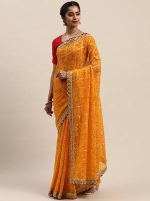VASTRANAND Yellow & Maroon Printed Bandhani Saree 1