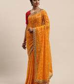 VASTRANAND Yellow & Maroon Printed Bandhani Saree