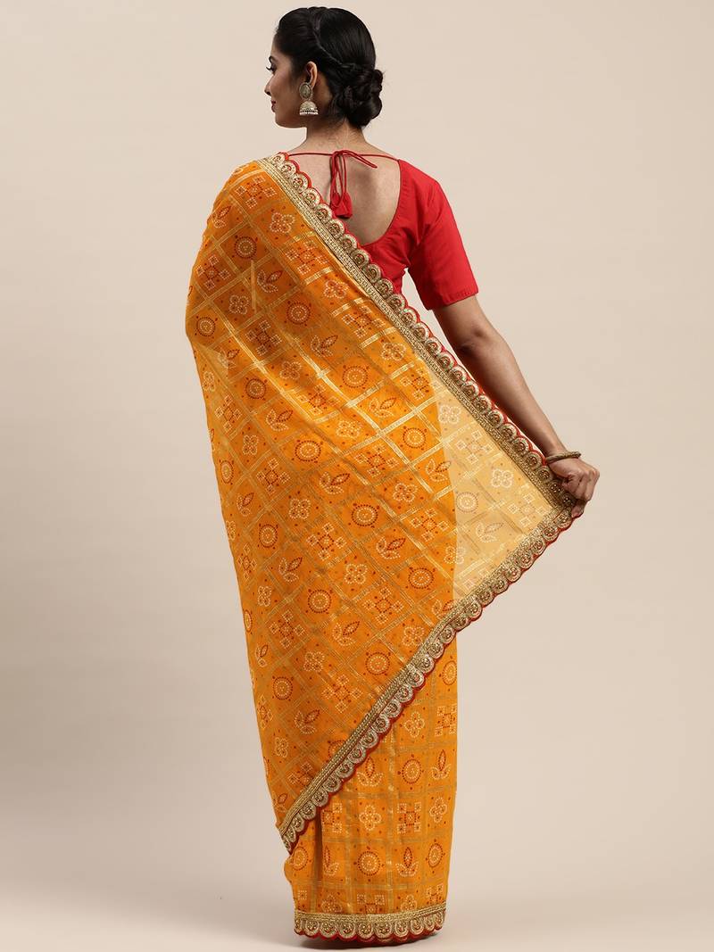 VASTRANAND Yellow & Maroon Printed Bandhani Saree
