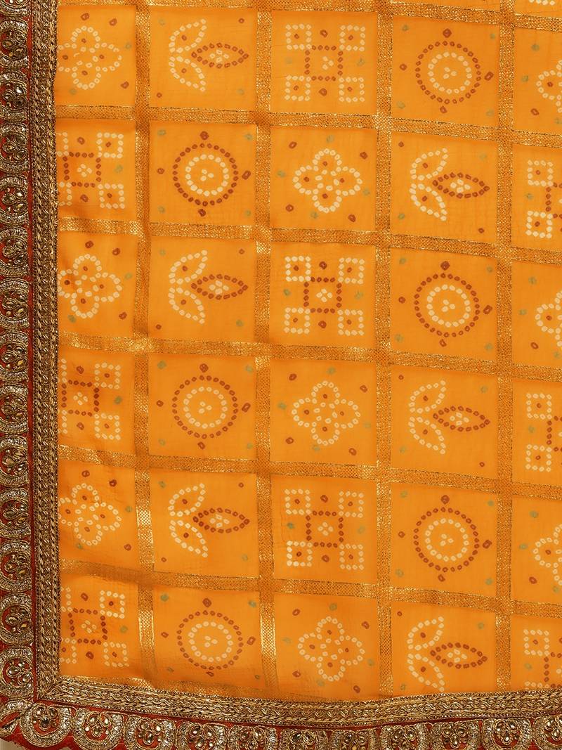 VASTRANAND Yellow & Maroon Printed Bandhani Saree