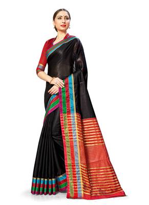 Black woven cotton saree with blouse 1