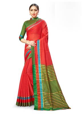 Red woven cotton saree with blouse 1