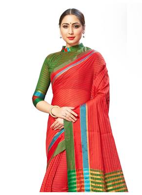 Red woven cotton saree with blouse 2