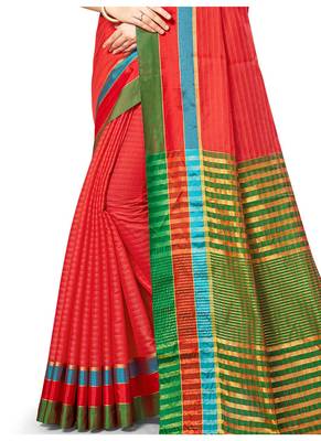 Red woven cotton saree with blouse 3