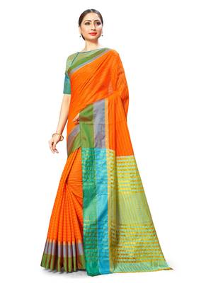Orange woven cotton saree with blouse 1