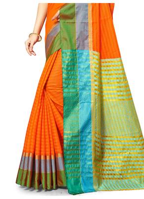Orange woven cotton saree with blouse 3
