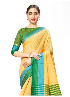 Yellow woven cotton saree with blouse 2