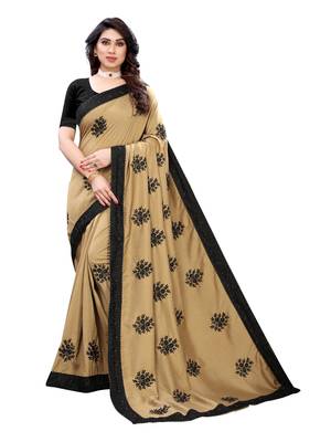 Beige embroidered poly silk saree with blouse 1