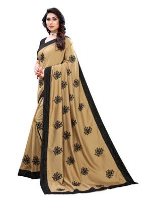 Beige embroidered poly silk saree with blouse 2