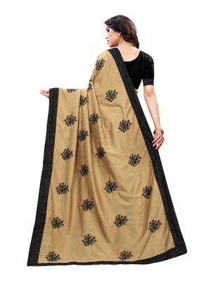 Beige embroidered poly silk saree with blouse 3