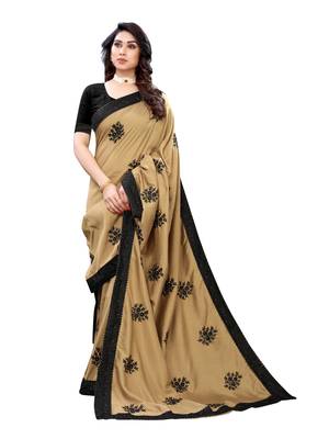 Beige embroidered poly silk saree with blouse 4