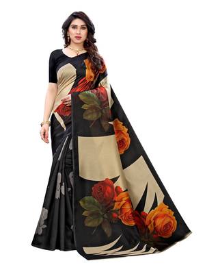 Black printed poly silk saree with blouse 1