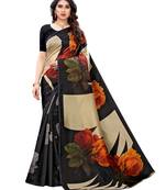 Black printed poly silk saree with blouse