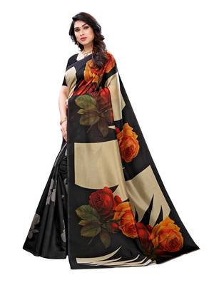 Black printed poly silk saree with blouse 2