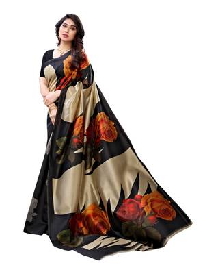 Black printed poly silk saree with blouse 4