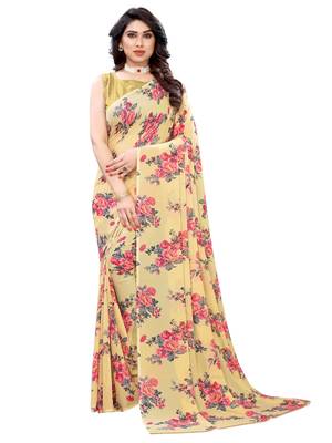 Cream printed georgette saree with blouse 1