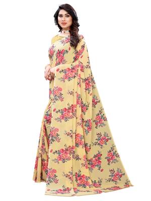 Cream printed georgette saree with blouse 2