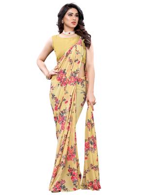Cream printed georgette saree with blouse 4