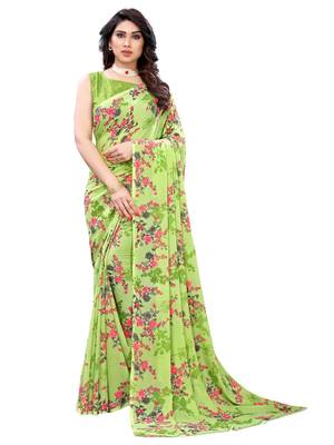 Parrot green printed georgette saree with blouse 1