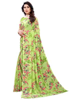 Parrot green printed georgette saree with blouse 2