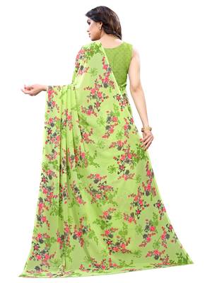 Parrot green printed georgette saree with blouse 3