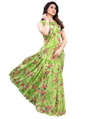 Parrot green printed georgette saree with blouse 4