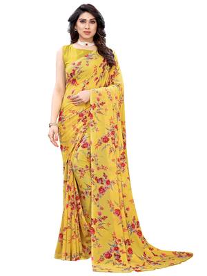 Yellow printed georgette saree with blouse 1