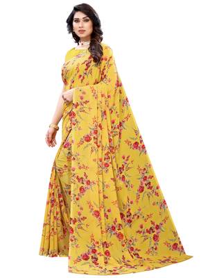 Yellow printed georgette saree with blouse 2