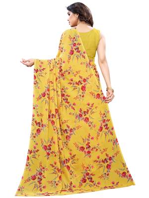 Yellow printed georgette saree with blouse 3