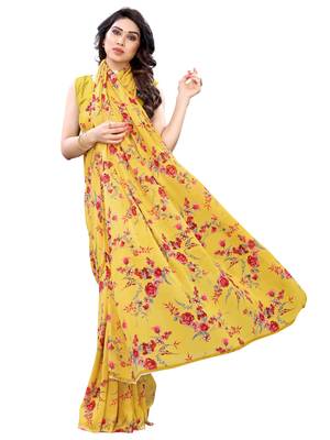 Yellow printed georgette saree with blouse 4