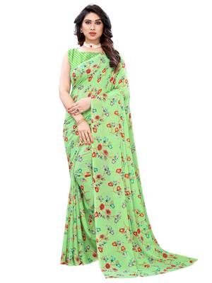 Green printed georgette saree with blouse 1