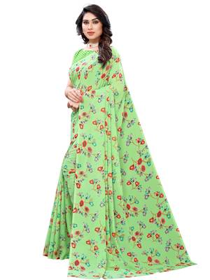 Green printed georgette saree with blouse 2